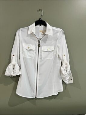 Michael Kors White Blouse with Gold MK Zipper Pull XS